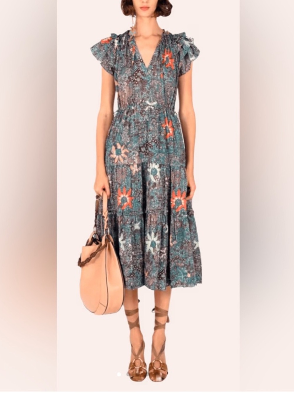 Ulla Johnson Rema Teal Floral Tiered Midi Dress with Coral Accents